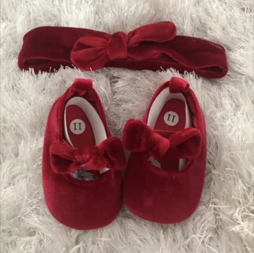 Red Velvet Girl Shoes Christmas Shoes Wedding Outfit Crib  Flower Girl Headband